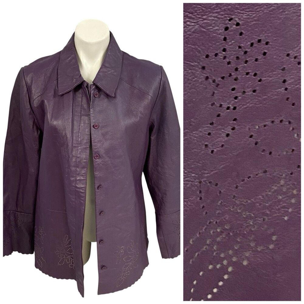 Terry Lewis Genuine Leather Jacket Womans Large Purple Laser Cut Trim Festival